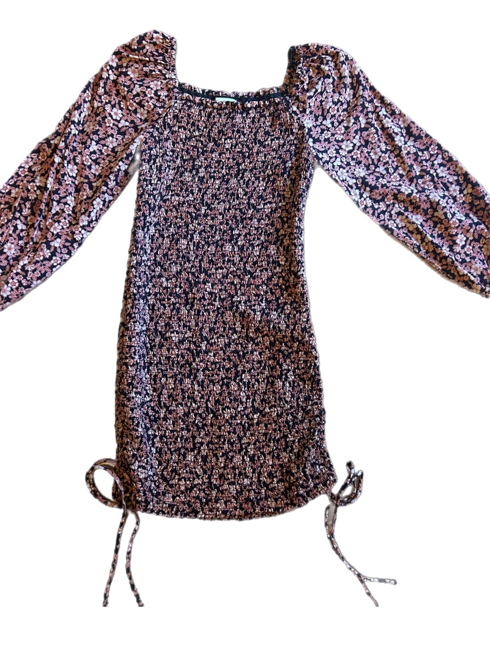 Xs Smocked Jessica Simpson Black Floral Print Puff Sleeve Boho Prarie Mini Dress